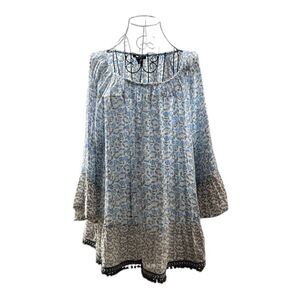 Zac & Rachel Top Blouse Women's Blue‎ Flowers Sleeve Flowy Sleeves Boho Casual